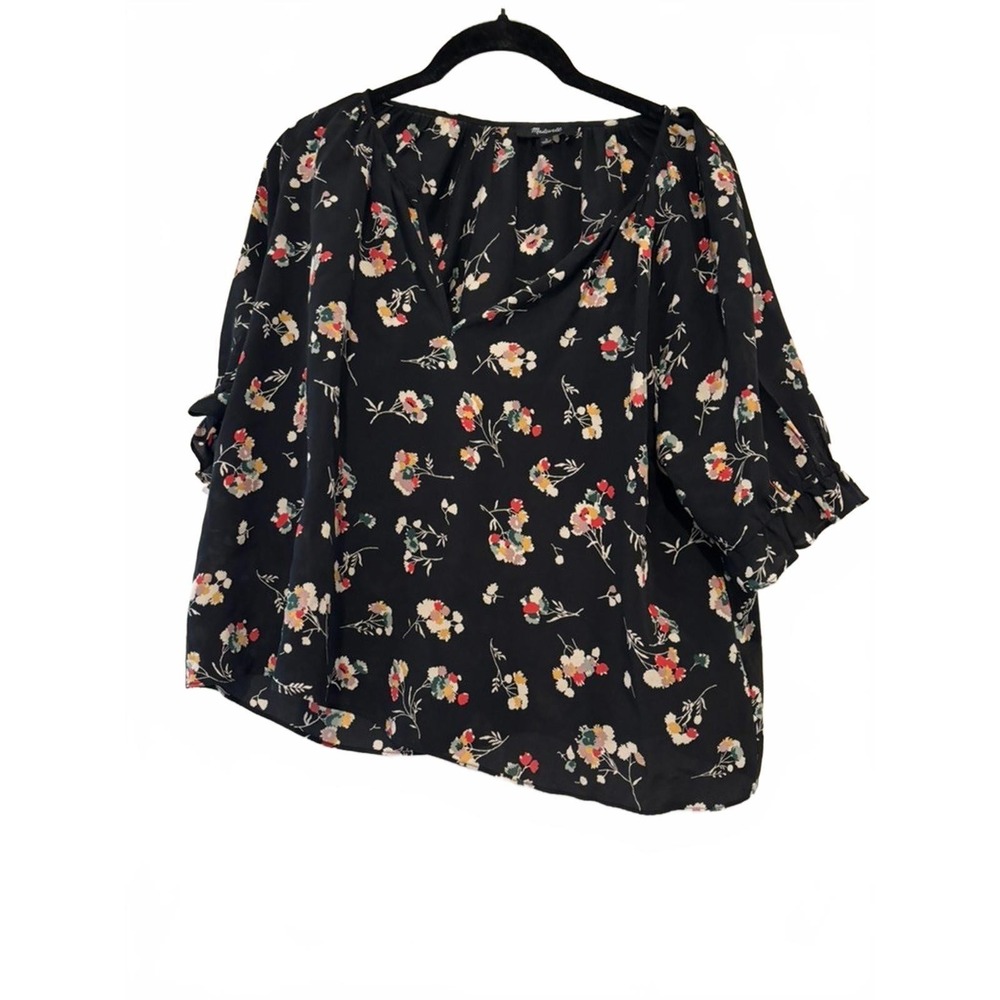 Women's sz‎ L Madewill black floral short sleeve blouse #988